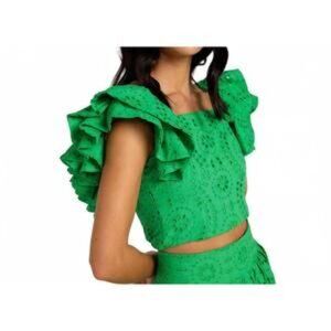 Love Bonfire Eyelet Ruffle Sleeve Crop Top L Green Smocked Back NWT